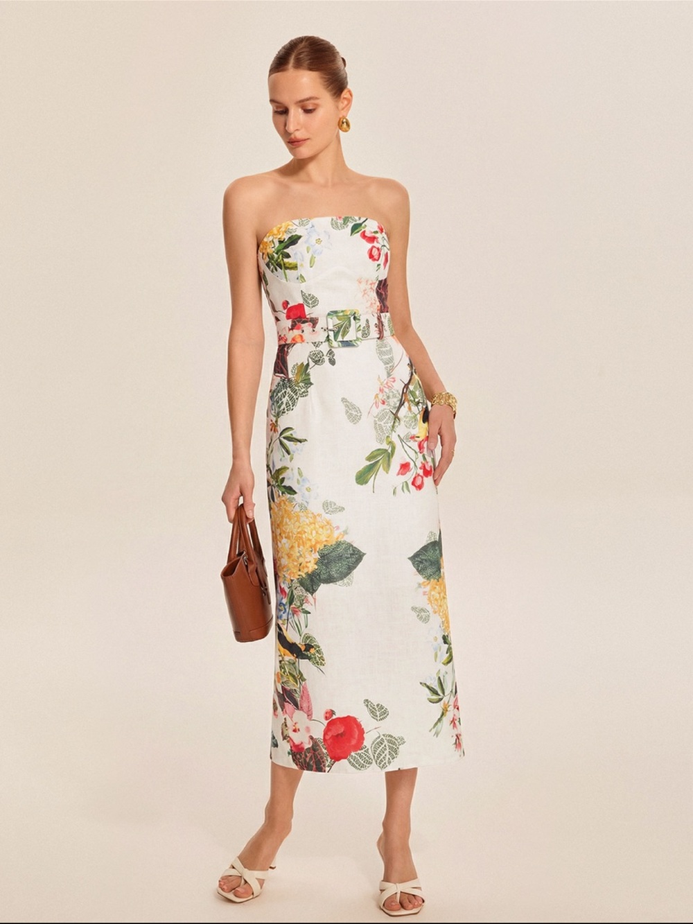 Commense Strapless Belted Floral Print Maxi Dress (Large 8/10)